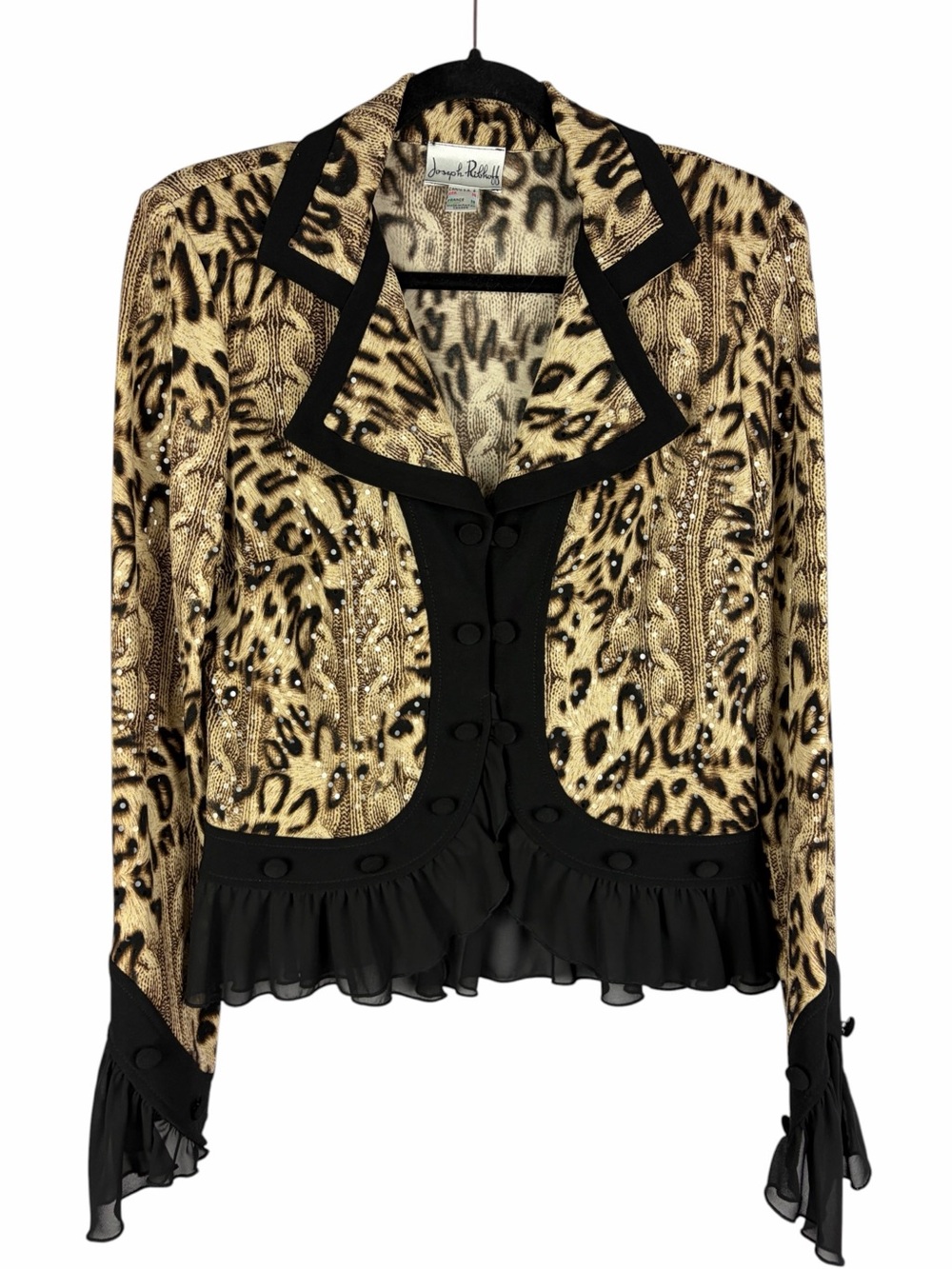 Vintage Joseph Ribkoff Size 8 Leopard Animal Print Rhinestone Ruffle Top Blouse